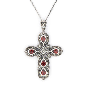 Gothic Cross Pendant Necklace: Sterling Silver, Garnet, Marcasite