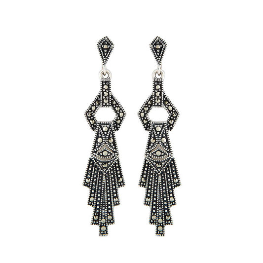 Penelope: Art Deco Drop Earrings in Marcasite and Sterling Silver