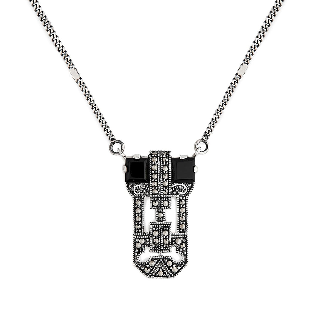 Phoebe: Art Deco Necklace in Black Onyx, Marcasite and Sterling Silver
