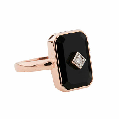 Grand Octavia: Art Deco Style Ring in 9ct Rose Gold, Onyx and Diamond