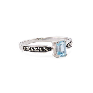 Art Deco Style Ring: Blue Topaz, Sterling Silver, Marcasite