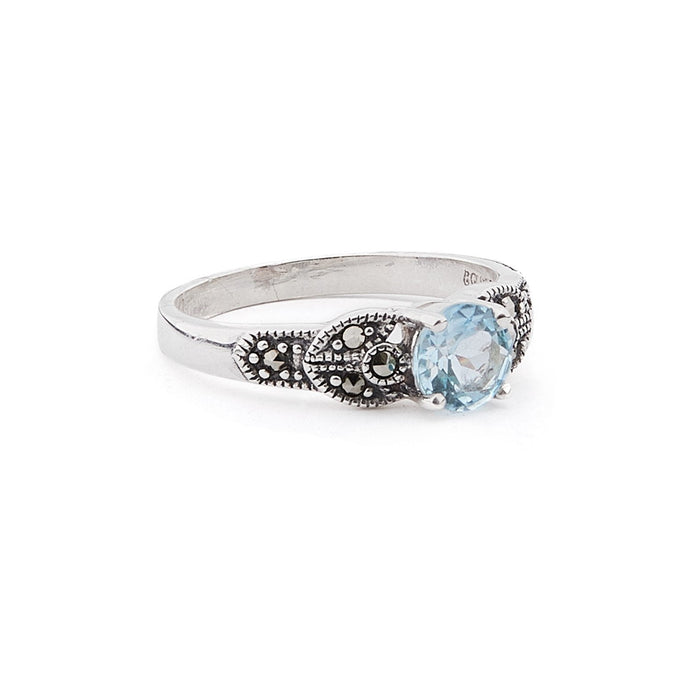 Art Deco Style Ring: Sterling Silver, Marcasite, Blue Topaz