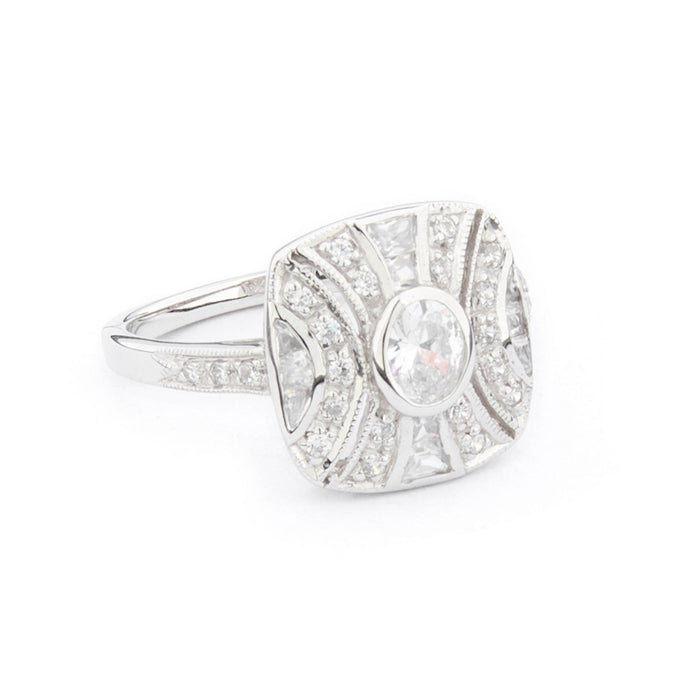 Art Deco Style Cushion Shaped Ring: Silver and Cubic Zirconia