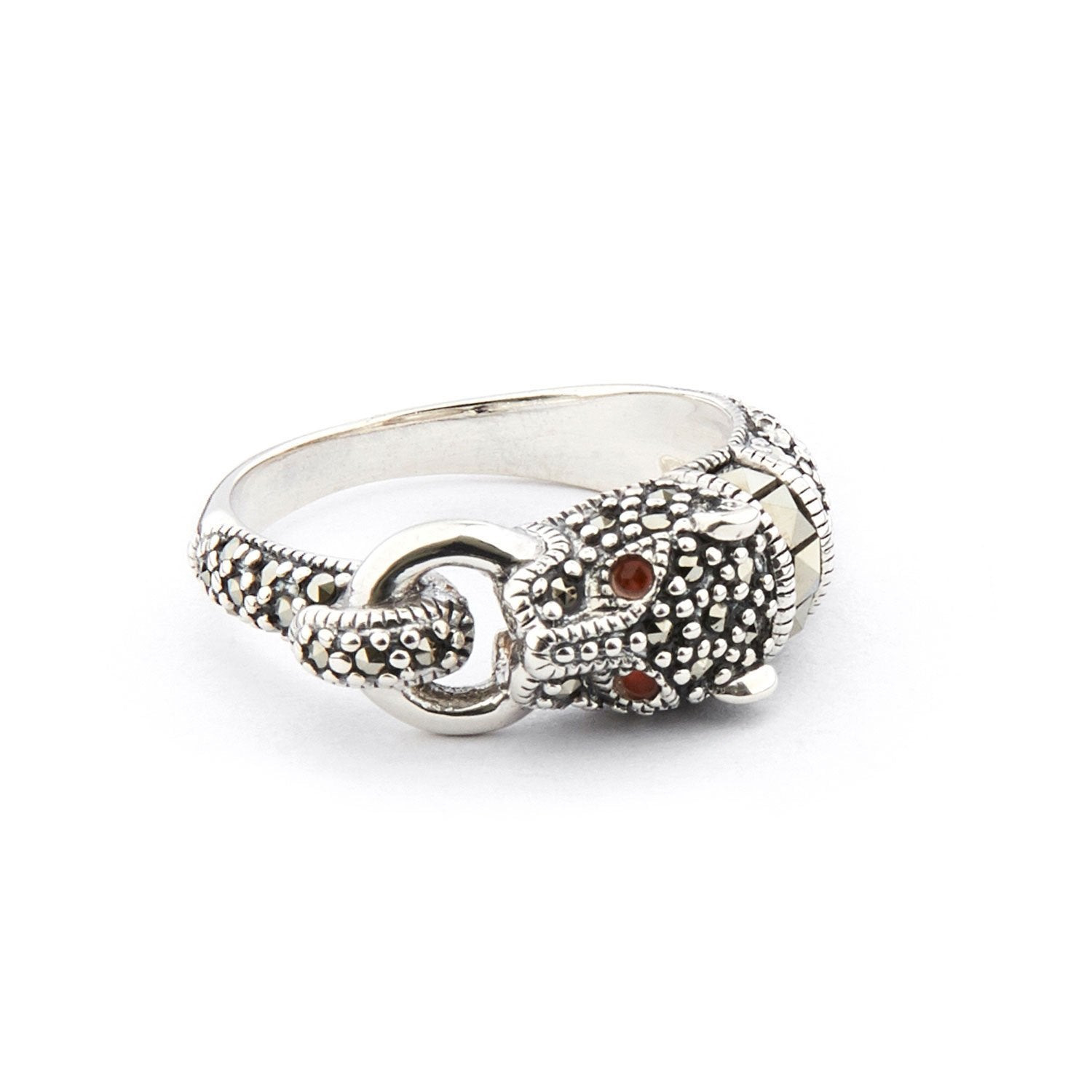 Art Deco Style Panther Ring: Sterling Silver, Marcasite, Carnelian