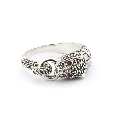 Art Deco Style Panther Ring: Sterling Silver, Marcasite, Carnelian