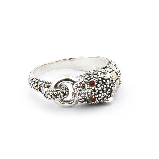Art Deco Style Panther Ring: Sterling Silver, Marcasite, Carnelian