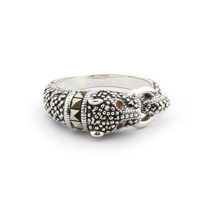 Art Deco Style Panther Ring: Sterling Silver, Marcasite, Carnelian