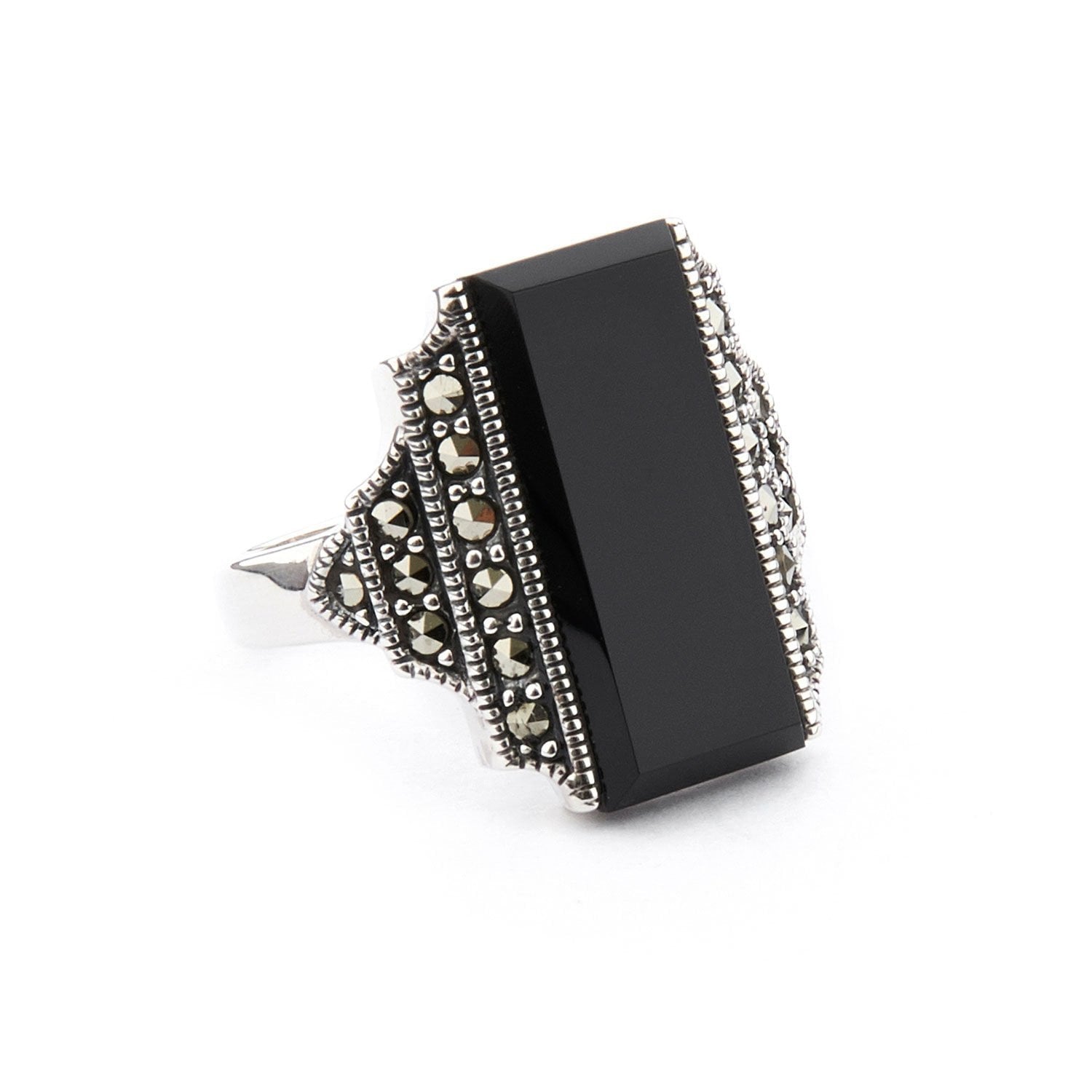 Sterling Silver Art Deco Ring with Black Onyx and Marcasite