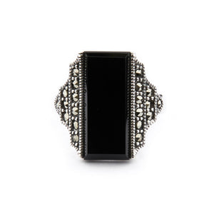 Art Deco Style Ring: Sterling Silver, Black Onyx, Marcasite 