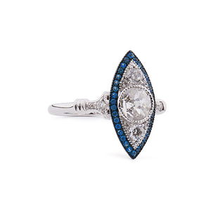 Art Deco Style Sterling Silver Ring: Antique Cut Cubic Zirconia, Blue Topaz