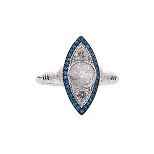 Art Deco Style Sterling Silver Ring: Antique Cut Cubic Zirconia, Blue Topaz