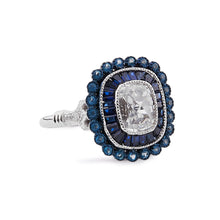 Load image into Gallery viewer, Art Deco Style Ring: Sterling Silver Ring, Antique Cut Cubic Zirconia, Blue Topaz, Synthetic Sapphire