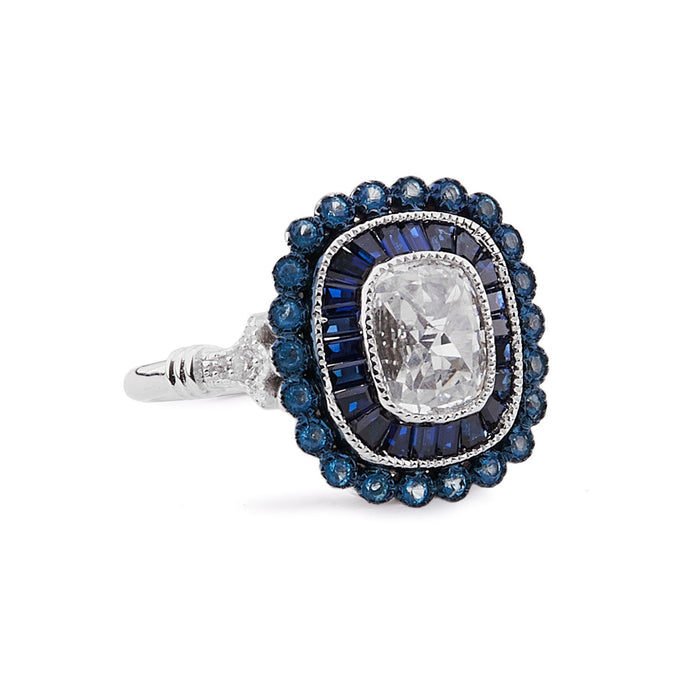 Art Deco Style Ring: Sterling Silver Ring, Antique Cut Cubic Zirconia, Blue Topaz, Synthetic Sapphire
