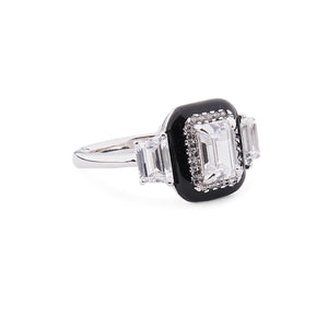 Art Deco Style Ring: Sterling Silver, Cubic Zirconia, Black Enamel