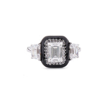 Load image into Gallery viewer, Art Deco Style Ring: Sterling Silver, Cubic Zirconia, Black Enamel