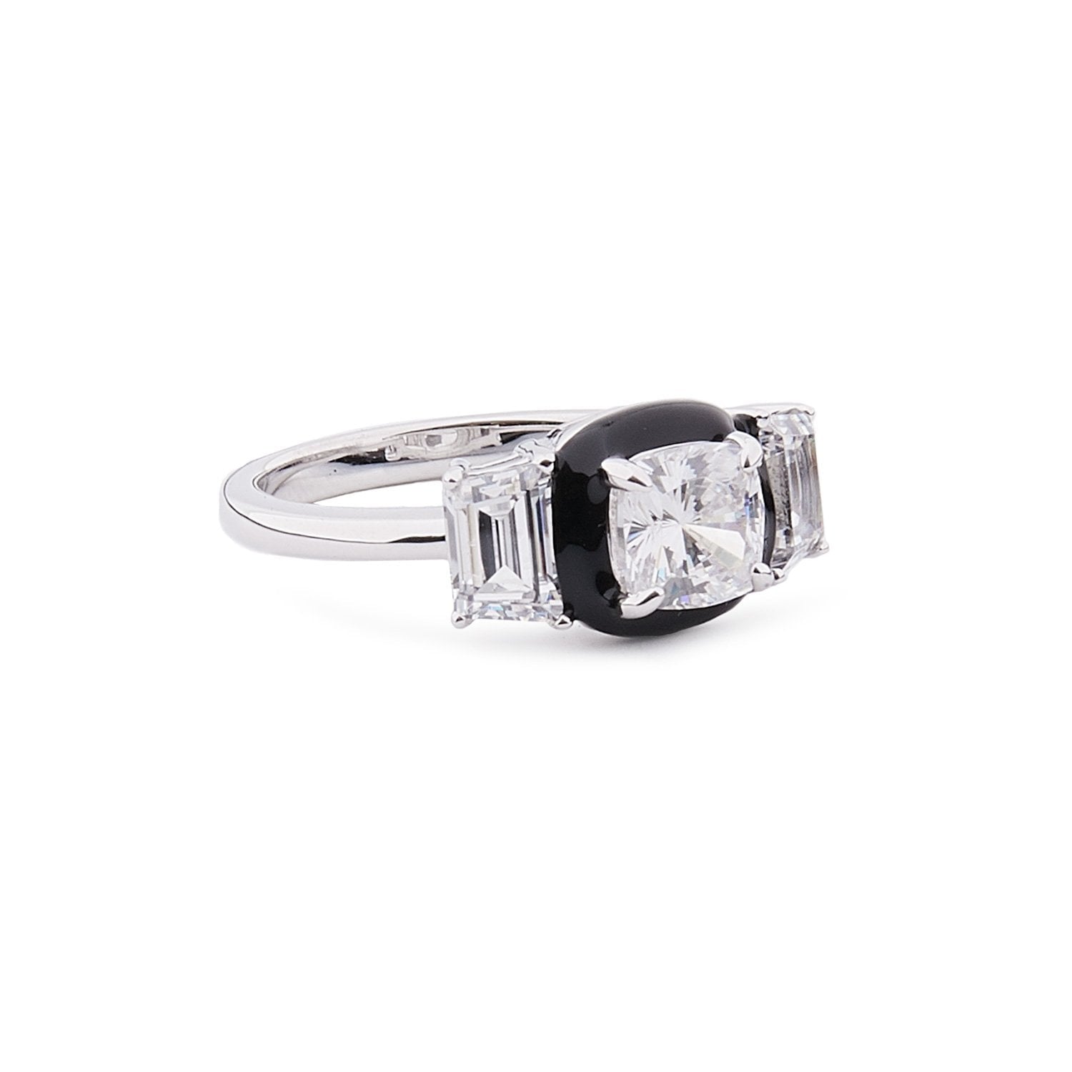 Art Deco Style Ring: Sterling Silver, Cubic Zirconia, Black Enamel 