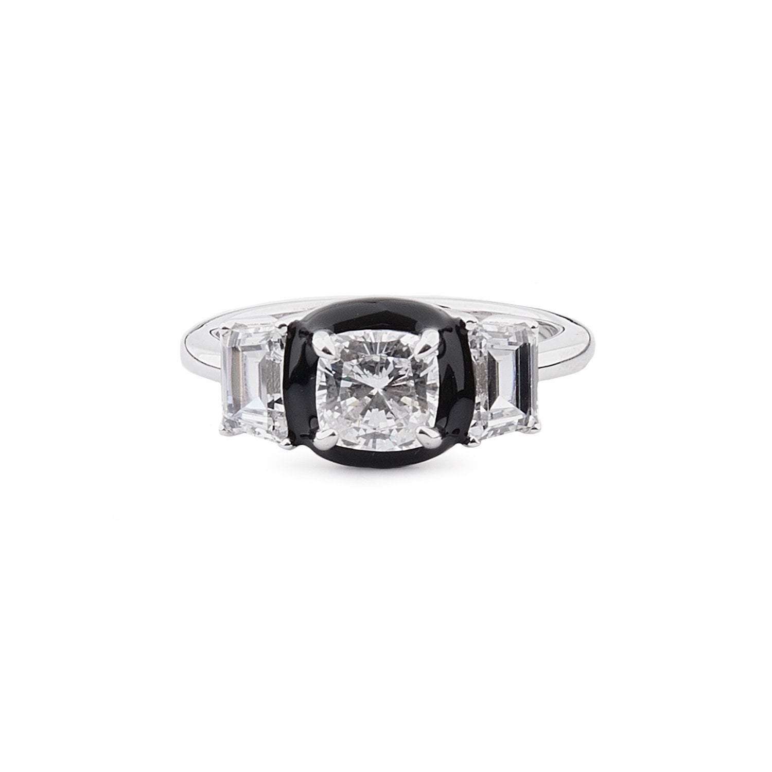 Art Deco Style Ring: Sterling Silver, Cubic Zirconia, Black Enamel 