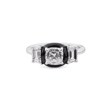 Load image into Gallery viewer, Art Deco Style Ring: Sterling Silver, Cubic Zirconia, Black Enamel 
