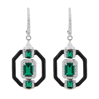 Rachel: Art Deco Style Earrings in Green Cubic Zirconia, Cubic Zirconia and Enamel
