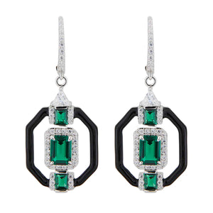 Rachel: Art Deco Style Earrings in Green Cubic Zirconia, Cubic Zirconia and Enamel