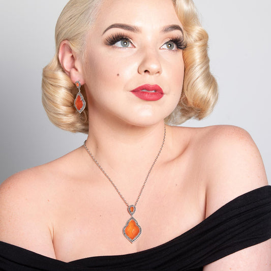 Rita: Art Deco Pendant Necklace in Red Jade, Marcasite and Sterling Silver