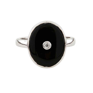 Classic Large Oval Art Deco Style Ring: Black Onyx, Cubic Zirconia and Sterling Silver