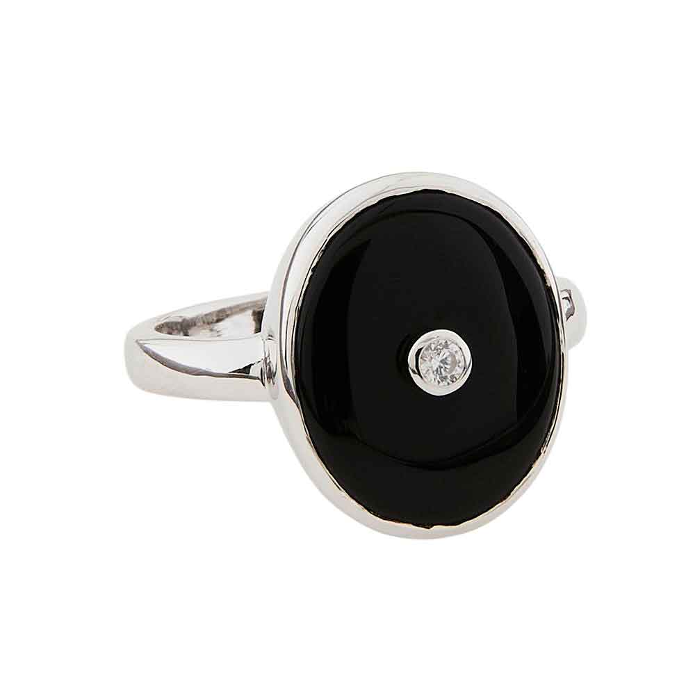 Classic Large Oval Art Deco Style Ring: Black Onyx, Cubic Zirconia and Sterling Silver