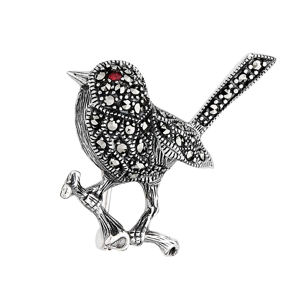 Trixie: Art Nouveau Inspired Bird Brooch in Marcasite, Garnet and Sterling Silver