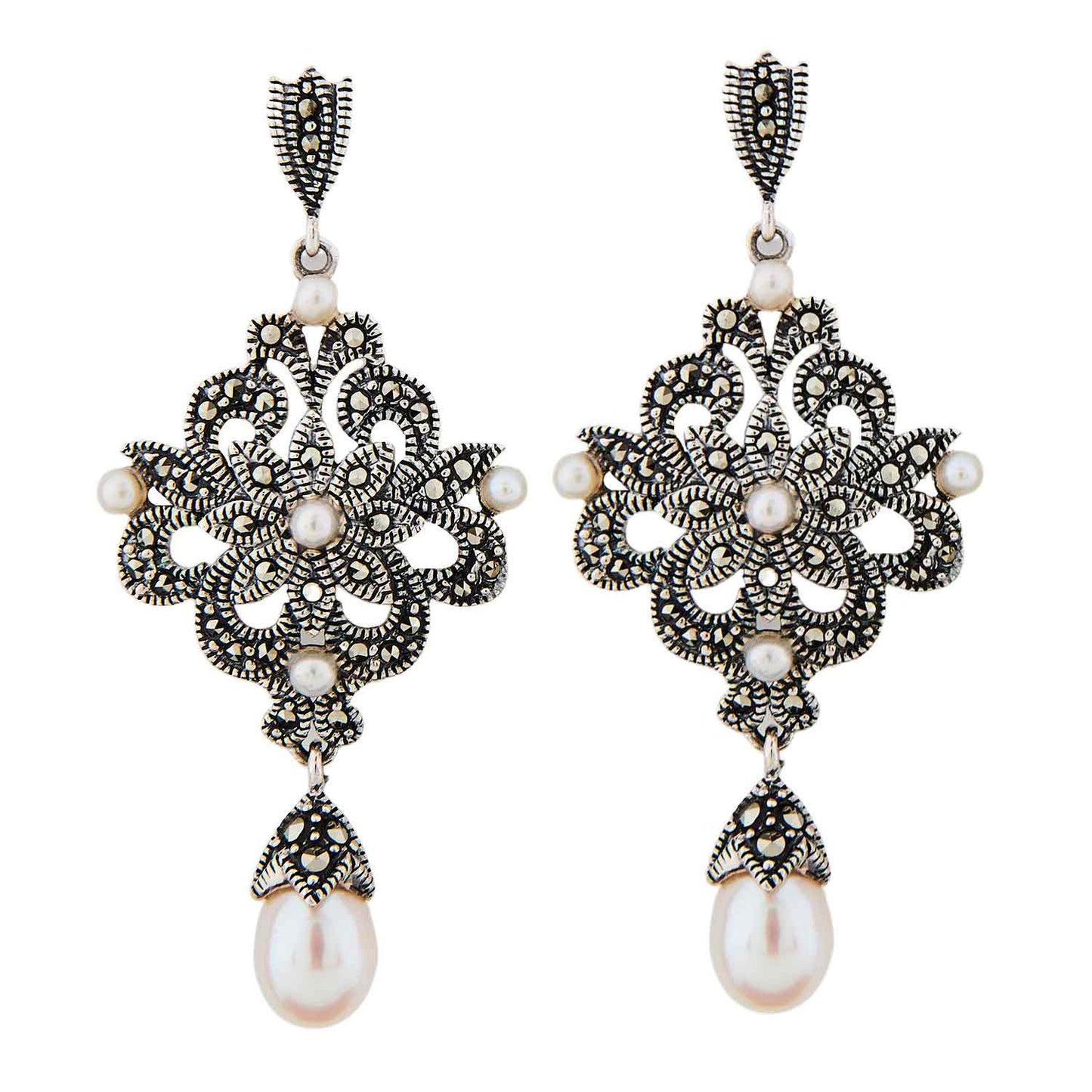 Verity: Edwardian Style Earrings in Fresh Water Pearl, Marcasite and Sterling Silver
