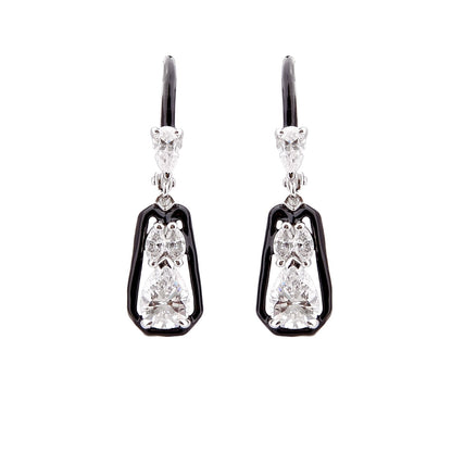 Veronica: Art Deco Drop Earrings in Cubic Zirconia, Black Enamel and Sterling Silver