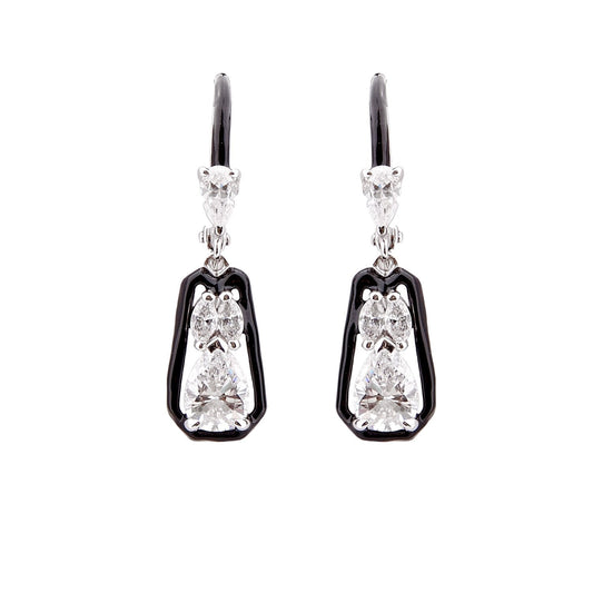 Veronica: Art Deco Drop Earrings in Cubic Zirconia, Black Enamel and Sterling Silver