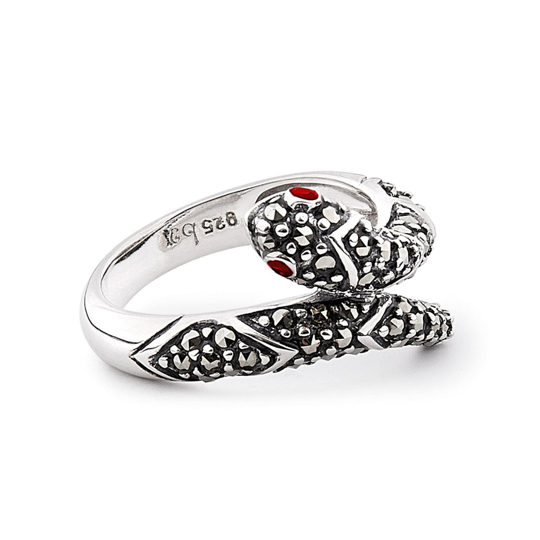 Suzi: Snake Ring in Marcasite, Garnet and Sterling Silver
