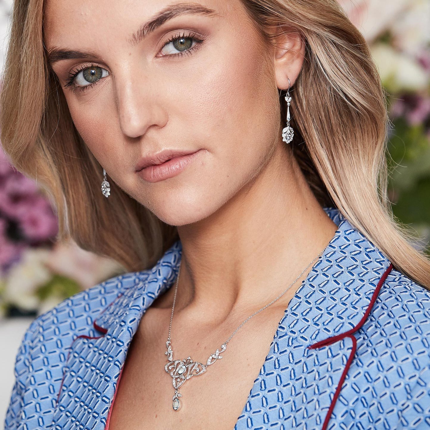 Portia: Art Nouveau Necklace in Blue Topaz, Cubic Zirconia and Sterling Silver
