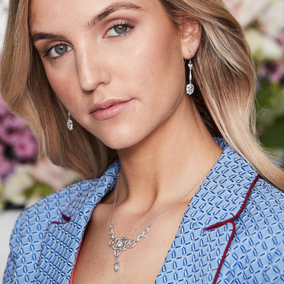 Portia: Art Nouveau Necklace in Blue Topaz, Cubic Zirconia and Sterling Silver