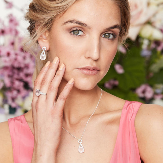 Rosalind: Art Deco Drop Earrings in Rose Quartz, Cubic Zirconia and Sterling Silver