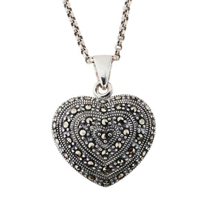 Willa: Sterling Silver Double Sided Heart Pendant With Onyx and Marcasite