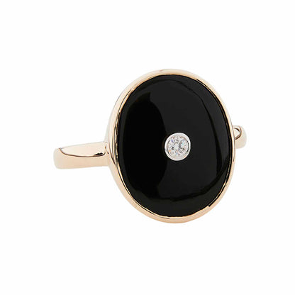 Grand Anna: Oval Art Deco Style Ring in 9ct Yellow Gold, Onyx and Diamond