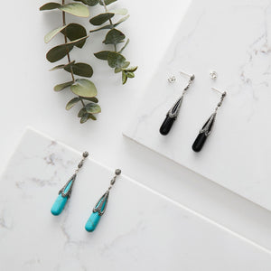 Ada: Art Deco Drop Design Earrings in Turquoise, Marcasite and Sterling Silver
