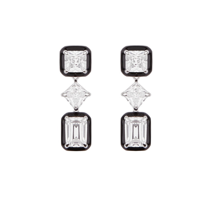 Lana: Art Deco Drop Earrings in Cubic Zirconia, Black Enamel and Sterling Silver